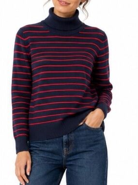 French Connection Striped Turtleneck Sweater XL – Navy with Red Stripes